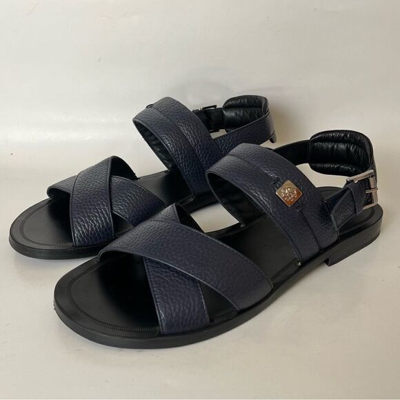 Roberto Cavalli Leather Sandals Blue Pebbled Crossover Strap Men’s 42 Italy US 9 - Picture 2 of 12